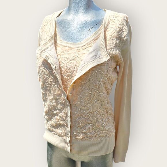 Leo Guy Creamy Ivory Beaded Embroidered Cardigan Tank Set Size 2 - Picture 10 of 16